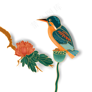 绿色国潮花鸟装饰,免抠元素