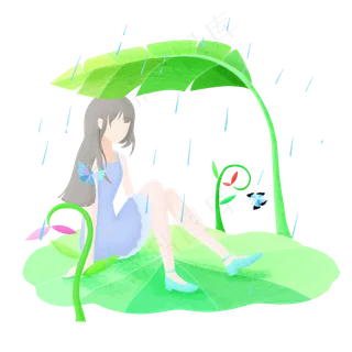 谷雨树叶下避雨小女孩