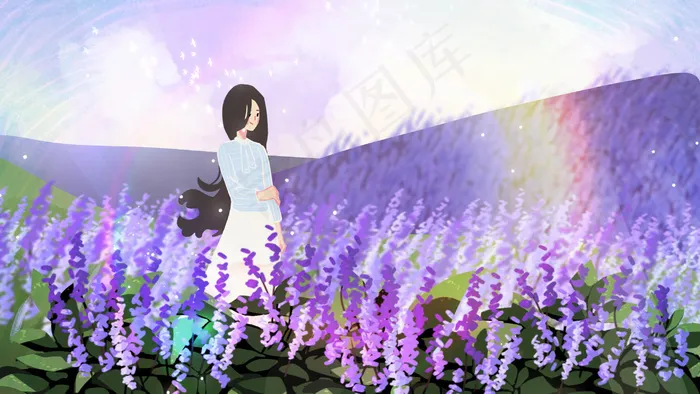 紫色薰衣草赏花女孩(2880*1620px 300 dpi )psd模版下载
