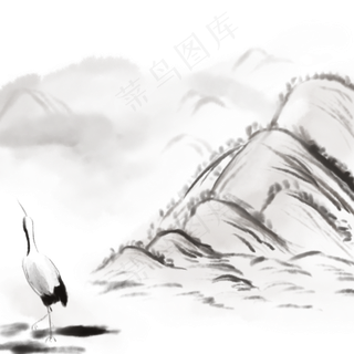 水墨古风山水白鹤