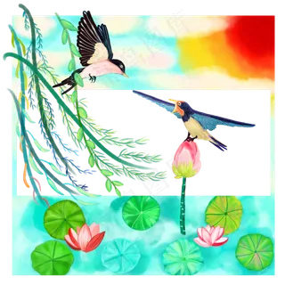 清明节燕子垂柳荷塘边框手绘免抠