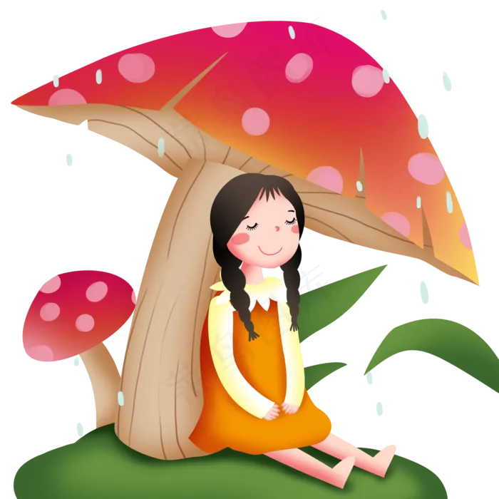 谷雨在蘑菇下挡雨的小女孩(2000X2000(DPI:299))psd模版下载