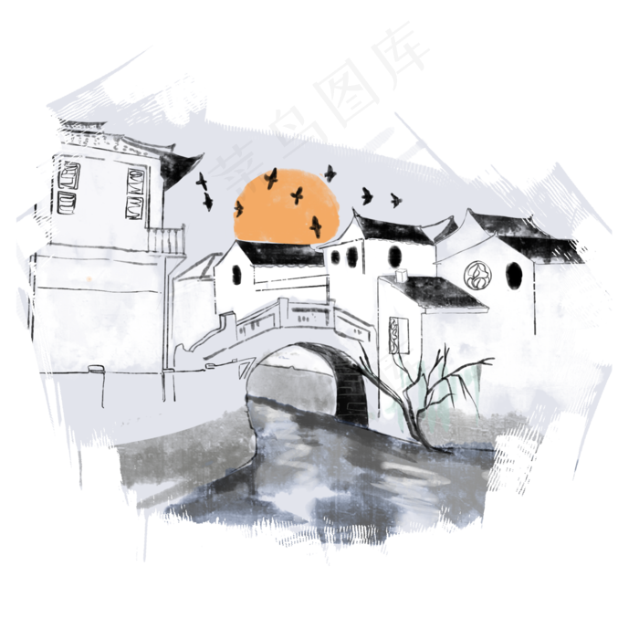 江南房子水墨画,免抠元素
