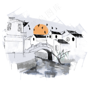江南房子水墨画,免抠元素