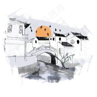 江南房子水墨画,免抠元素