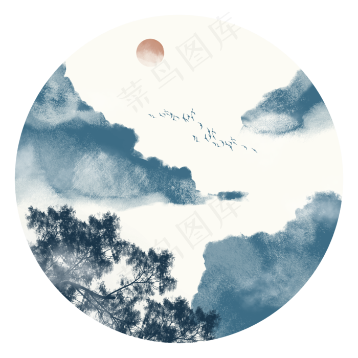 中国风青色水墨山水装饰元素