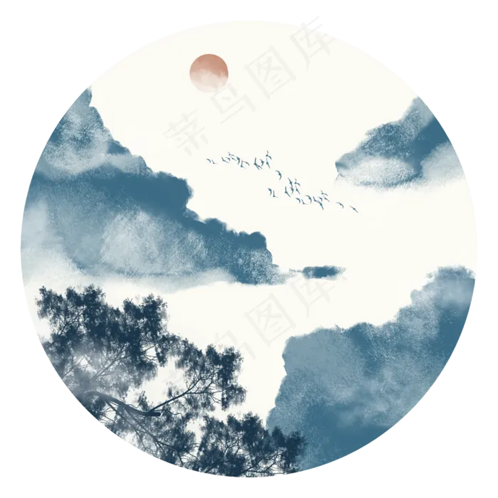 中国风青色水墨山水装饰元素(2362X2362(DPI:300))psd模版下载