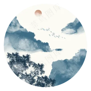 中国风青色水墨山水装饰元素