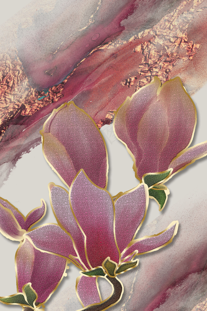 珐琅彩玉兰花 红色水彩装饰画(800*3584px 150 dpi )psd模版下载