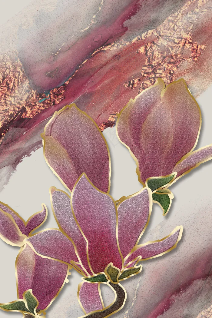 珐琅彩玉兰花 红色水彩装饰画(800*3584px 150 dpi )psd模版下载