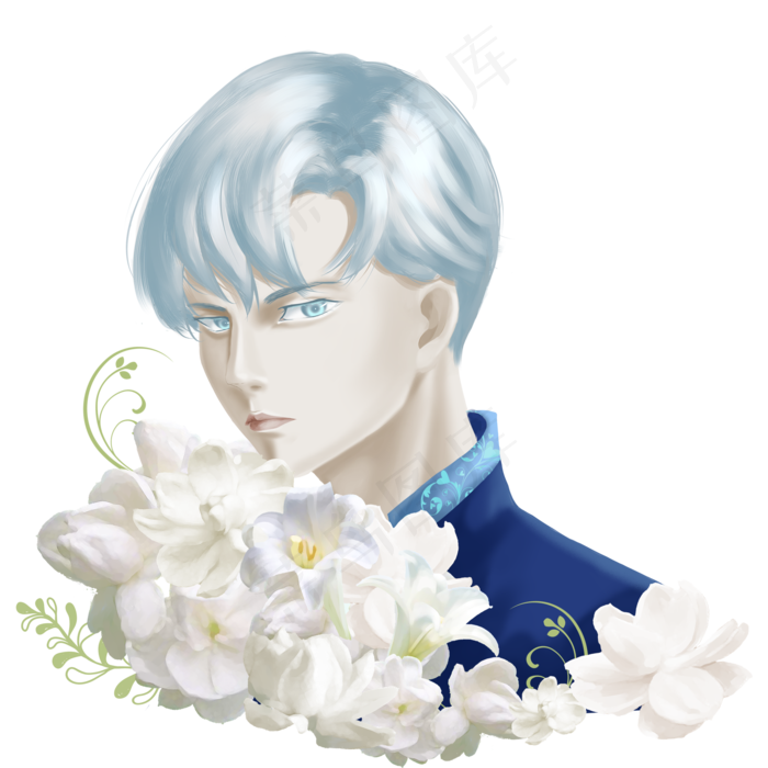 手绘花与少年唯美蓝色王子茉莉百