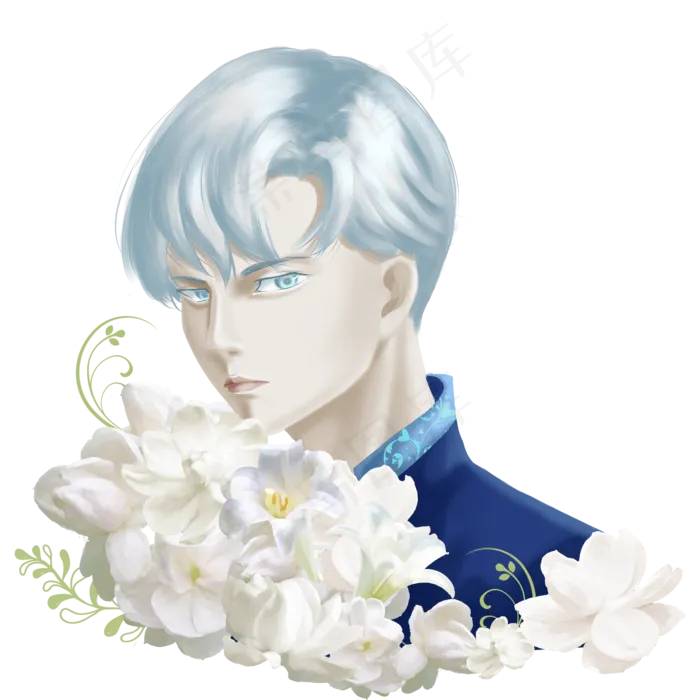 手绘花与少年唯美蓝色王子茉莉百(2000X2000(DPI:300))psd模版下载