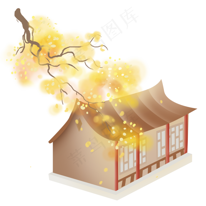 秋天中国风房屋和树枝,免抠元素