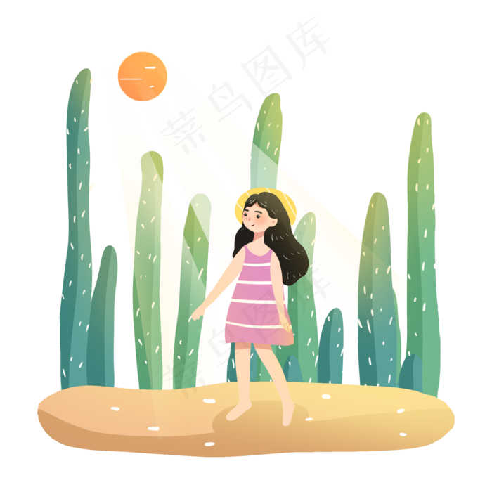 大暑女孩与仙人掌PNG