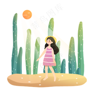 大暑女孩与仙人掌PNG