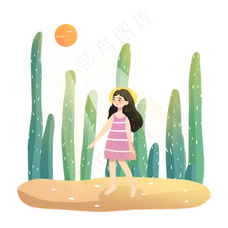 大暑女孩与仙人掌PNG
