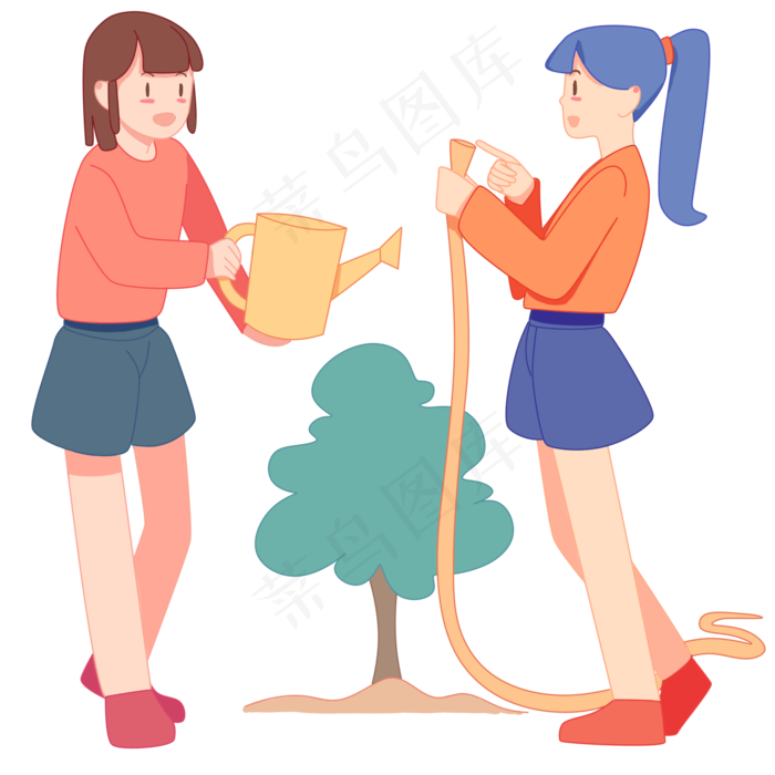 卡通手绘植树节女孩给树木浇水(2000X2000(DPI:300))psd模版下载