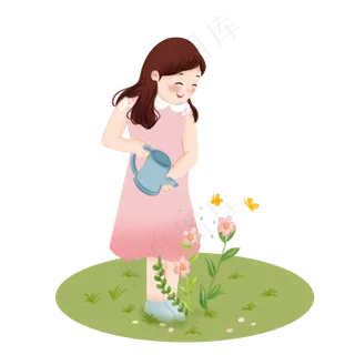 春分浇花的小女孩,免抠元素