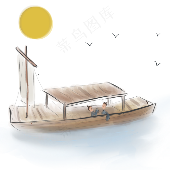 古风湖上船里的人,免抠元素