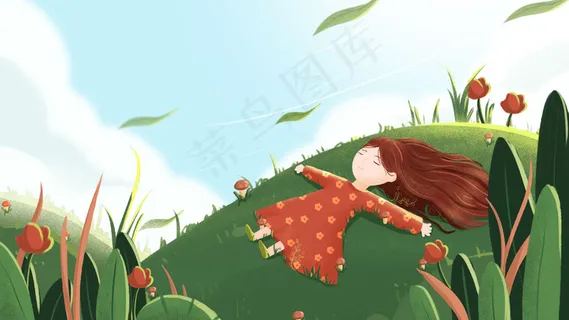 春困女孩草地享受阳光温暖 春困女孩草地享受阳光温暖