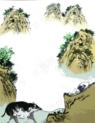 国画山水水墨青山春天黄牛牧童装