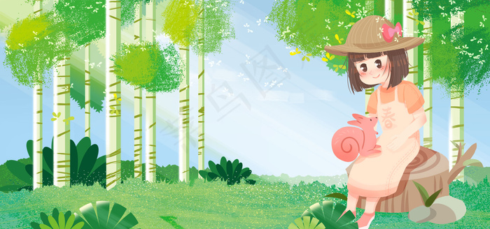 春分节气清新可爱卡通森林banner