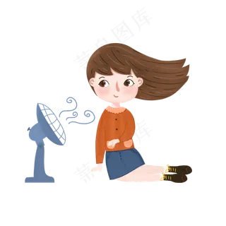 儿插风夏天可爱女孩坐着吹风扇