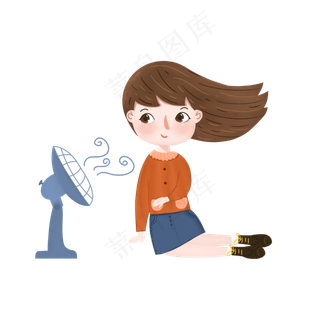 儿插风夏天可爱女孩坐着吹风扇