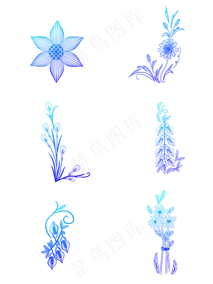 花朵花束蓝色渐变装饰元素设计(3072X4107(DPI:300))psd模版下载