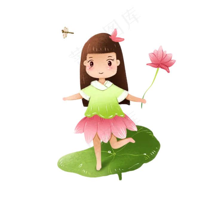 元素商用手绘夏季荷花顽皮少女唯(2000X2000(DPI:300))psd模版下载