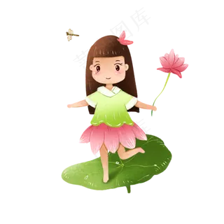 元素商用手绘夏季荷花顽皮少女唯