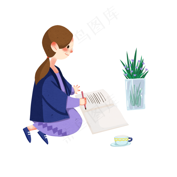 春分写作的小女孩,免抠元素