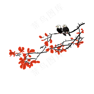 工笔花鸟红色枫叶和小鸟,免抠元素