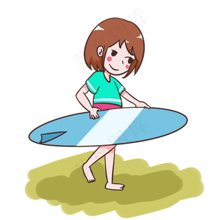 抱着冲浪板的女孩手绘