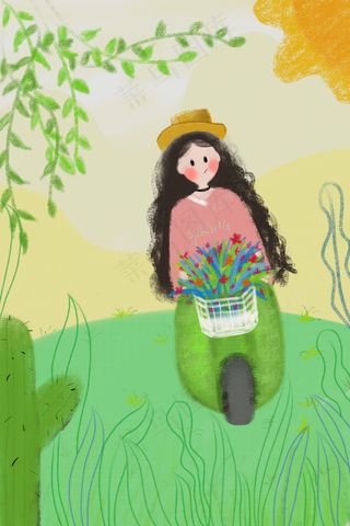 夏天出行女生青草扁平化手绘