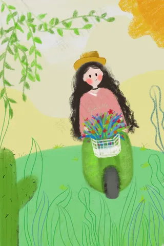 夏天出行女生青草扁平化手绘