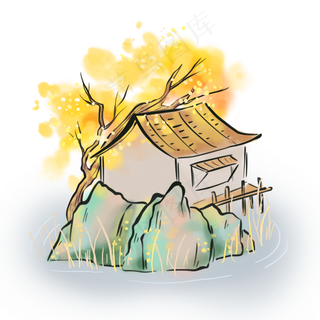 水墨秋天水边房屋,免抠元素