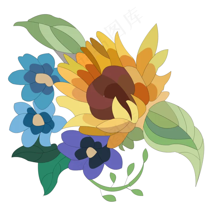 手绘花卉黄绿色向日葵花朵叶子元(2048X2738(DPI:300))ai矢量模版下载