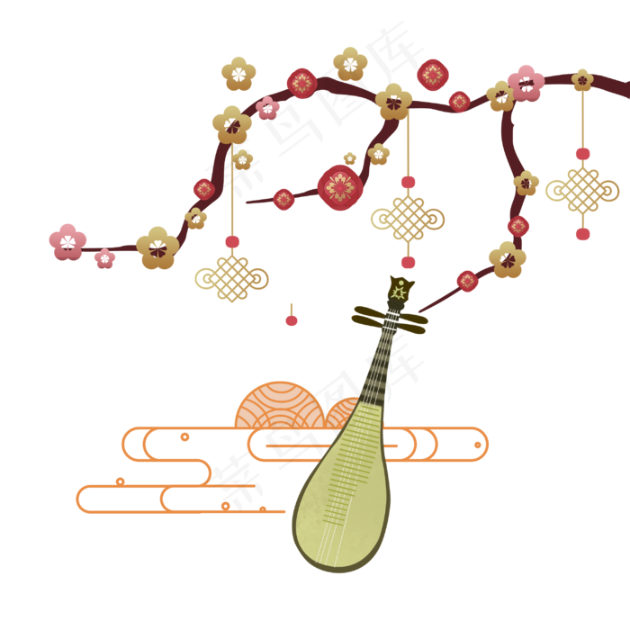 鼠年喜庆钱币富贵金钱树古典琵琶,免抠元素(3000X3000(DPI:300))psd模版下载