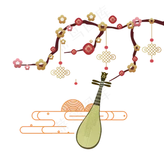 鼠年喜庆钱币富贵金钱树古典琵琶,免抠元素
