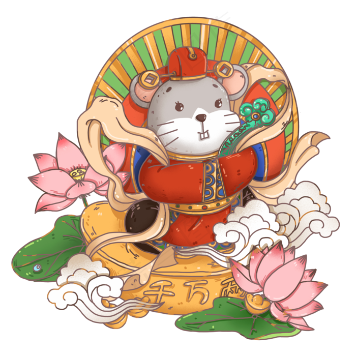 线描年画风怀抱如意的鼠财神,免抠元素
