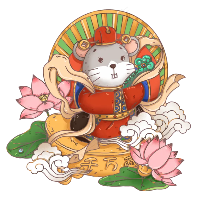 线描年画风怀抱如意的鼠财神,免抠元素(2000X2000(DPI:300))psd模版下载