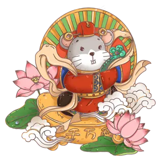 线描年画风怀抱如意的鼠财神,免抠元素