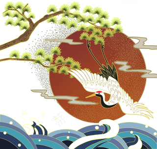 日本浮世绘松树仙鹤,免抠元素