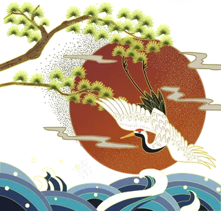 日本浮世绘松树仙鹤,免抠元素