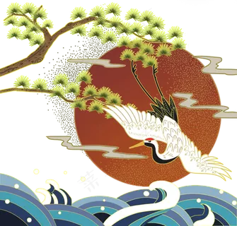 日本浮世绘松树仙鹤,免抠元素 日本浮世绘松树仙鹤,免抠元素