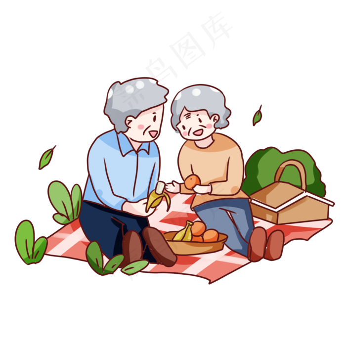 手绘卡通重阳节秋游的老人