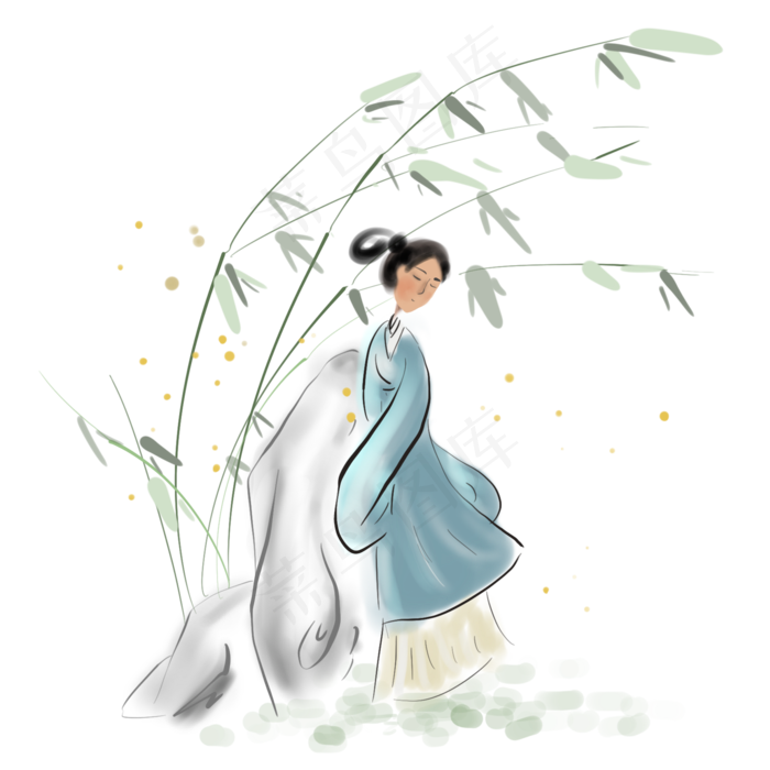 假山旁边的仕女,免抠元素