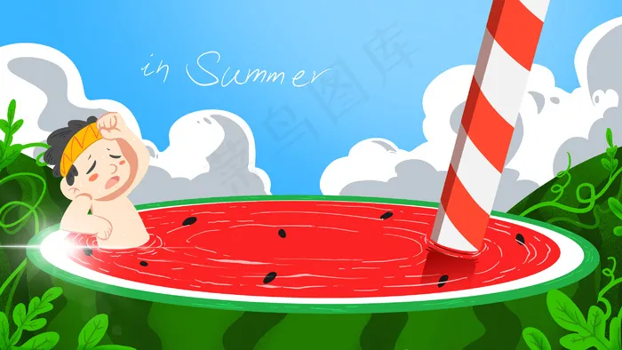 绿色夏天手绘肌理夏景西瓜泡澡横图(2880*1620px 300 dpi )psd模版下载