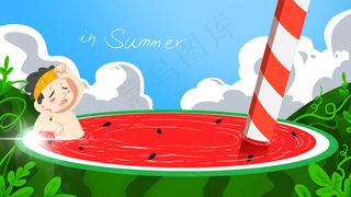 绿色夏天手绘肌理夏景西瓜泡澡横图